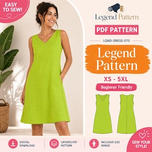 Könnte beinhalten: Ein ärmelloses, lindgrünes Kleid mit V-Ausschnitt und Seitentaschen. Das digitale PDF-Schnittmuster von Legend Pattern, gekennzeichnet als LGND-DRESS-075, umfasst die Größen XS bis 5XL. Die Grafik zeigt das Kleid am Modell und technische Skizzen.