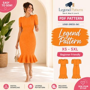 May include: A PDF sewing pattern for a bright orange dress with short puff sleeves, a fitted bodice, and a ruffled hem. The document includes the text Legend Pattern, LGND-DRESS-061, and size range XS-5XL, along with front and back technical sketches.
