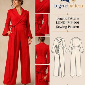 May include: A red jumpsuit sewing pattern labeled LegendPattern LGND-JMP-001. The jumpsuit features a wrap-style bodice, a notched collar, long sleeves with flared cuffs, and a tie waist. The image includes technical line drawings and close-up views.