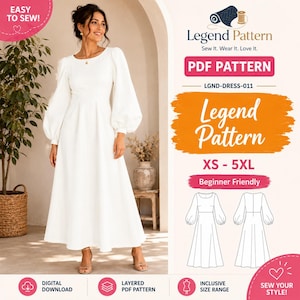 May include: A white long-sleeved dress with a round neckline and a full-length skirt. The image includes text reading Legend Pattern, PDF PATTERN, LGND-DRESS-011, XS-5XL, Beginner Friendly, EASY TO SEW, DIGITAL DOWNLOAD, LAYERED PDF PATTERN.