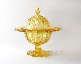 Vintage Betsy Ross Banana Yellow Tiffin Franciscan #509 Pressed Glass Pedestal Candy Dish