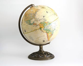 Vintage Made in USA Globemaster 12Inch Globe with Antique Brass Metal Base by Replogle, Inc, Wedding Decor Globe, Wedding Table Decor