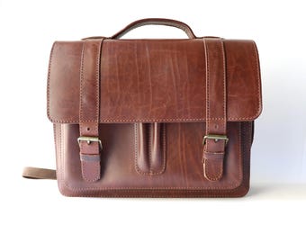 Vintage Brown Leather Satchel Backpack: Ruitertassen Shoulder Bag