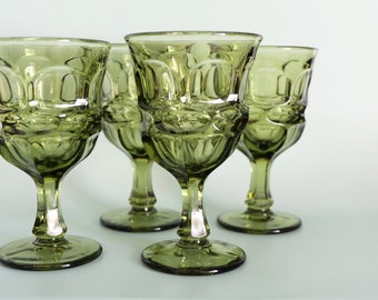Vintage Fostoria Argus Green Water Goblets, Set of 4