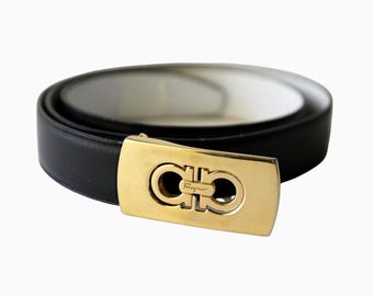 Vintage 1990s Salvatore Ferragamo Reversible Leather Belt | 31"-34"  Gold Gancini Buckle | Made in Italy