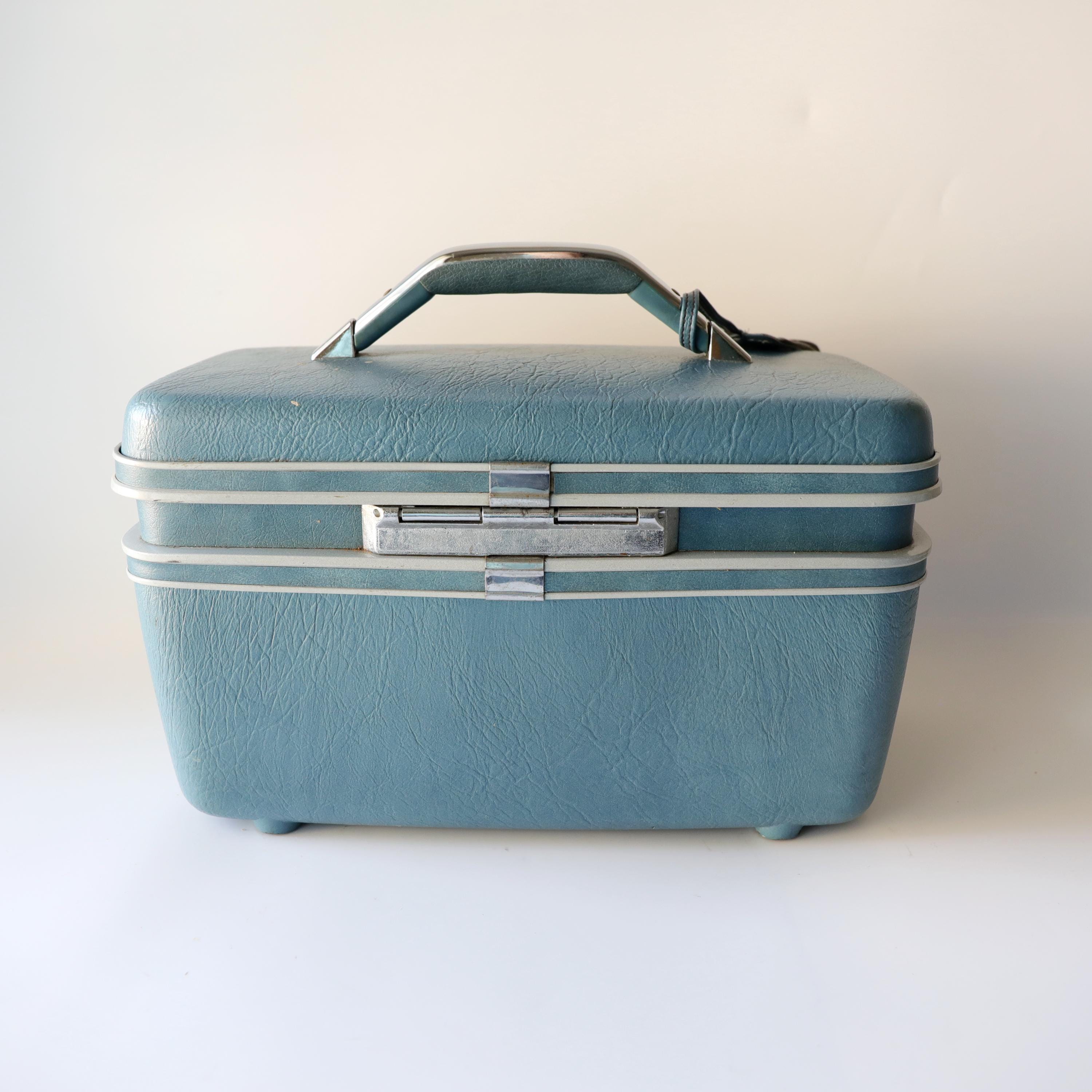 Samsonite Vintage メイクボックス Vintage Blue Samsonite Mustard Train Case, Cosmetic Box, Travel