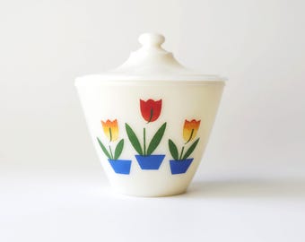Vintage Fire King Tulip Bowl: Milk Glass Lidded Dish, 1950s Retro Kitchenware