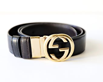 Vintage Gucci Belt 90s Brown Reversible Leather Gold GG Buckle Made in Italy Size 31" -34" Women's Designer Belt
