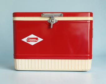 Vintage 1960s Coleman Snow Lite Cooler Red Cream | Retro Metal Ice Chest | Made in USA  | Mid Century Camping Cooler