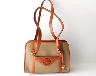 Vintage Dooney & Bourke Khaki Classic Pebble and Tan Leather Shoulder Bag