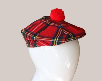 Vintage  Irish Donegal Tweed Cap Red Tartan Plaid Wool Beret Hat