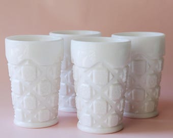 Vintage Westmoreland Milk Glass Tumblers - 1940s Quilt Pattern, Set of 4