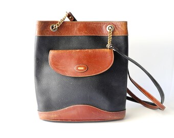 Vintage Bally Leather Shoulder Bag | Black & Brown Two-Tone Tote | Gold Chain Strap | Classic Swiss Designer Handbag