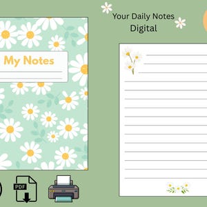 Daisy Digital Notebook PDF – Printable Lined Paper, 30 Pages – Floral Daily Notes Journal, Cute Stationery, Instant Download