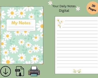 Daisy Digital Notebook PDF – Printable Lined Paper, 30 Pages – Floral Daily Notes Journal, Cute Stationery, Instant Download