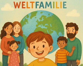 以下が含まれることがあります： オレンジ色の文字で「Emil」と書かれた子供向けの本の表紙。イラストには、黄色のシャツを着た笑顔の男の子、地球儀、多様な家族が描かれています。「UND DIE KUNTERBUNTE WELTFAMILIE」というテキストも表示されています。