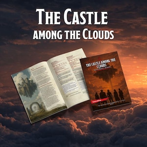 May include: An open book and a closed book with the title "The Castle Among the Clouds" against a cloudy sky background. The open book displays illustrations and text, while the closed book shows a fantasy scene with silhouetted figures.