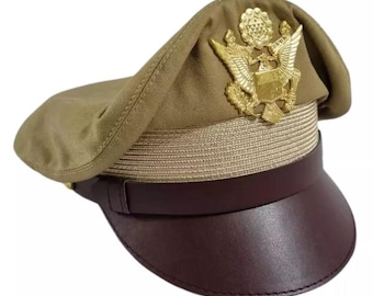 WW2 US Army Air corps Military Airforce Officers Khaki Crusher Visor Hat Cap