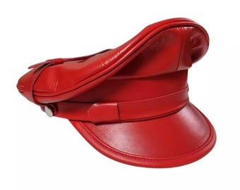 Genuine Leather Red Army Cap – Muir Biker Peaked Police Hat