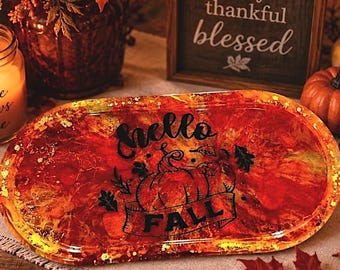 Bandeja de tocador Hello Fall - Jabonera decorativa de Halloween para otoño - Organizador de joyas