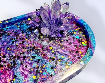 Bandeja de resina con diseño de geoda para joyas, soporte para anillos, jabonera y organizador de tocador.