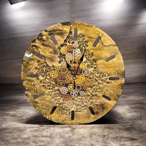 Unique Handmade Resin Clock- Industrial Steampunk Decor, Gold and Metallic Swirl Wall Art