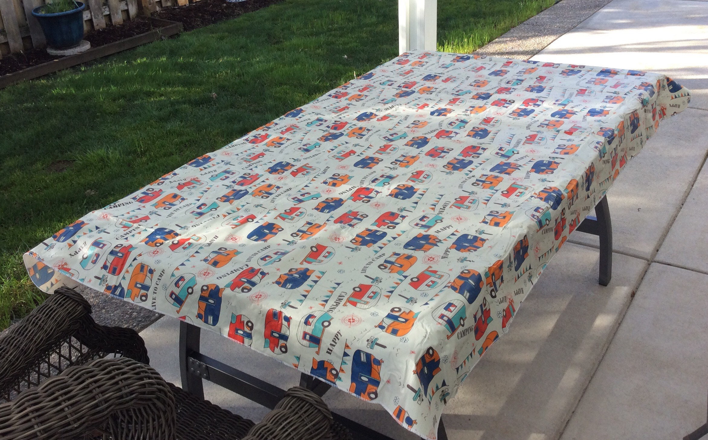 Vintage Trailer Picnic Table Tablecloth and Dark Blue RV Fun Tablecloth
