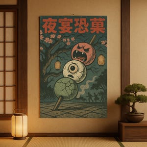 Kaiju-Poster Hanami Night Panic - Retro japanisches Yokai-Poster - Dango-Monster unter Kirschblüten - Kirschblüten Wanddeko