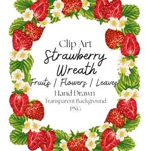 Strawberry Wreath PNG Clipart, Digitally Hand Painted Strawberry Graphic Download, Cute Fruit Illustration PNG, Strawberry Clipart