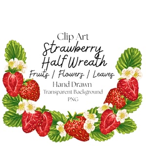 Strawberry Half Wreath PNG Clipart, Digitally Hand Painted Strawberry Graphic Download, Cute Fruit Illustration PNG, Strawberry Clipart