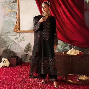 Black Embroidered Raw Silk Dress, Pakistani Partywear Salwar Kameez, Heavy Floral Embroidery, Organza Dupatta, Luxury Formal Trouser Suit