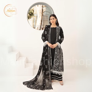 Black Shalwar Kameez, Embroidered Lawn Dress, Luxury Floral Pakistani Dress, Elegant Wedding Dress, Formal Party Dress, Chiffon Dupatta