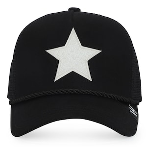 May include: A black trucker hat with a white star embroidered on the front. The hat has a rope trim around the brim.