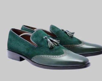New Men Handmade Green And Black Leather Shoes,Dress Shoes For Men, Tessel Shoes Moccasin For Men