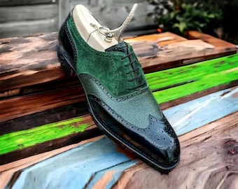 Handmade Men's Wingtip Oxford Shoes in Green Leather - Luxury Bespoke Footwear