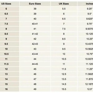 May include: A shoe size conversion chart with columns for US, Euro, and UK sizes, along with corresponding measurements in inches. Sizes range from US size 6 (9.25 inches) to US size 16 (12.5 inches).