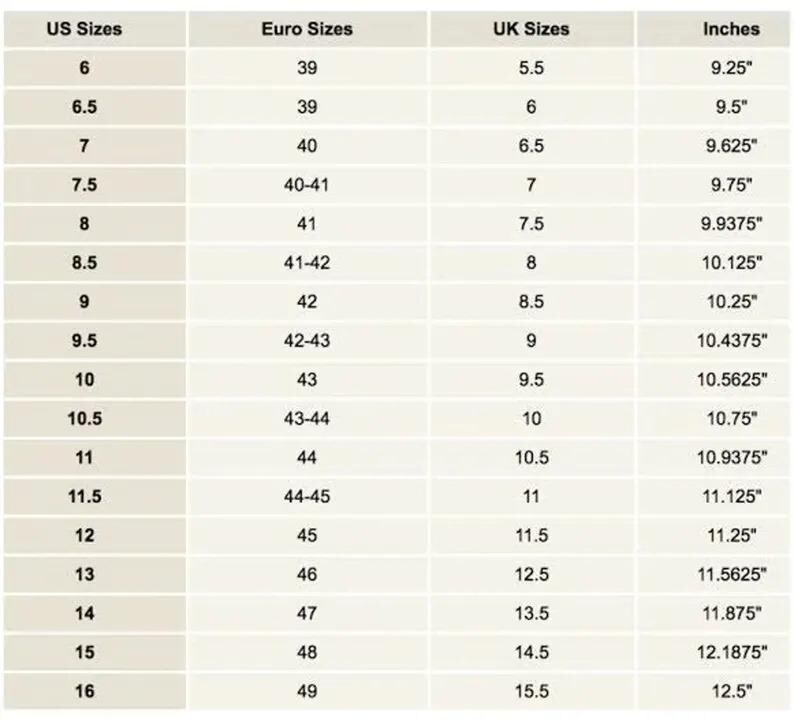 May include: A shoe size conversion chart with columns for US, Euro, and UK sizes, along with corresponding measurements in inches. Sizes range from US size 6 (9.25 inches) to US size 16 (12.5 inches).
