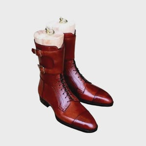 handmade men&#39;s tan brown ankle high boots men&#39;s handmade brown leather long boots men&#39;s genuine leather brown long buckle boots