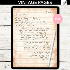 Może przedstawiać: Cyfrowe pobieranie listu w stylu vintage na tablecie. Ręcznie pisany list znajduje się na postarzanym papierze z tekstem "VINTAGE PAGES" na górze. Biały rysik spoczywa na ekranie, a różowy przycisk PDF jest widoczny.