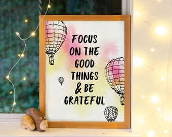 Be Grateful Inspirational Art Print for Kids Room Bedroom Nursery Gratitude Yellow Pink Cute Quote Positive Inspirational Art Print
