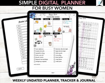 May include: A digital planner for busy women with a weekly undated planner, tracker, and journal. The planner has a black and white design with a floral illustration. The planner is on a tablet screen.
