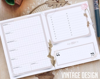 May include: A printable weekly planner with a vintage design. The planner features a grid for daily tasks and a separate section for to-do lists. The design includes floral elements and the text "deja drew it".