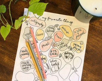 May include: A printable worksheet with colorful speech bubbles, each containing a different activity or hobby. The title of the worksheet is "My Favorite Things".