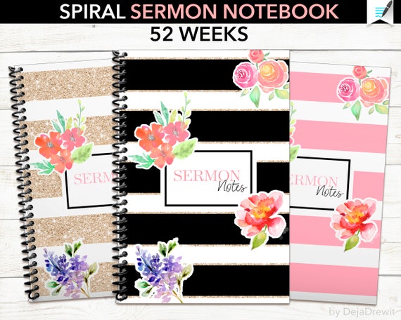 Spiral Sermon 2 page Spread Notebook Christian Church Journal 6x9 Softcover for Christian Women Gift for Women of Faith