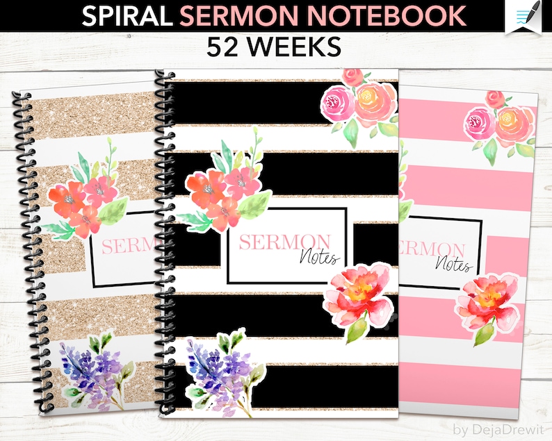 Może przedstawiać: Trzy zeszyty w spirali z czarno-białymi paskami, złotym brokatem i r&oacute;żowymi paskami. Każdy zeszyt ma kwiatowy wz&oacute;r i napis "Sermon Notes".