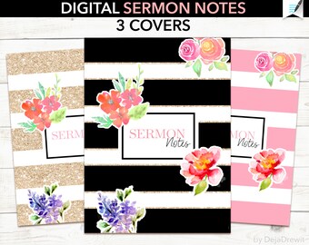 May include: Three digital sermon notes covers featuring watercolor floral illustrations. The designs include gold glitter, black, and pink horizontal stripes. Each cover displays a rectangular frame with the text Sermon Notes in pink and black.