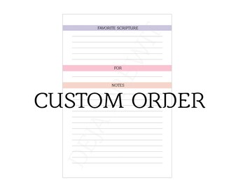 May include: A printable page with lined paper and three sections labeled "Favorite Scripture", "For", and "Notes". The page is designed for journaling or note-taking.