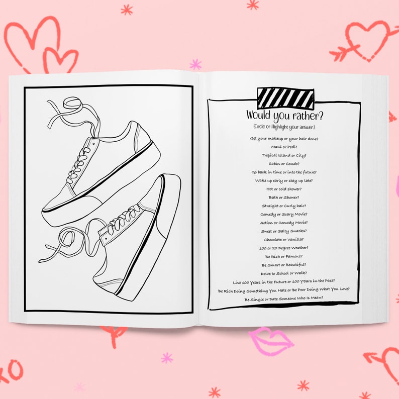 May include: A black and white colouring book page with a would you rather? game. The page has a list of questions with two choices for each question. The choices are written in black text. The page also has a drawing of two trainers.