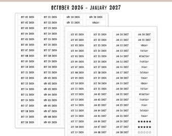 May include: A sheet of printable date stickers featuring the text PRINTABLE DATE STICKERS and OCTOBER 2026 - JANUARY 2027. The stickers include individual dates from October 2026 through January 2027, days of the week, and star icons.