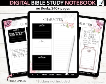 May include: A digital Bible study notebook displayed on three tablet screens, featuring 66 books and 340+ pages. The interface includes sections for character study with prompts for who, what, when, and where, alongside a white stylus pen.
